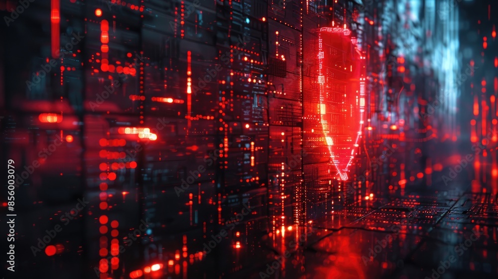 Fototapeta premium Cybersecurity Concept: Digital Shield, Encrypted Data, and High-Tech Environment