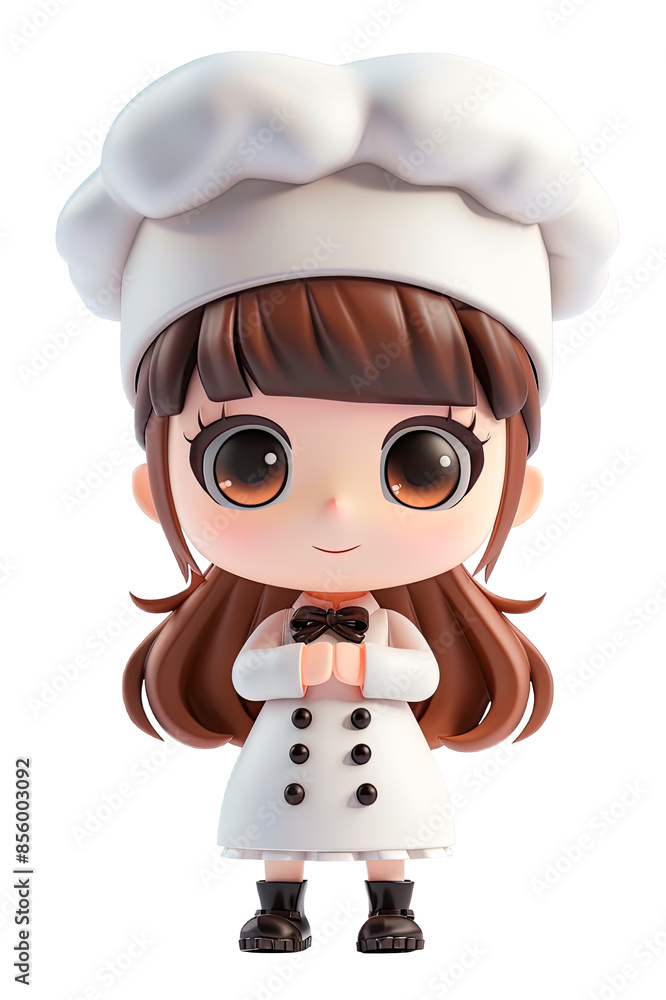 3D cartoon of a tiny girl dressed as a white and black chef uniform isolated on a cutout PNG transparent background 3D cartoon of a tiny girl dressed as a white and black chef uniform isolated on a cutout PNG transparent background
