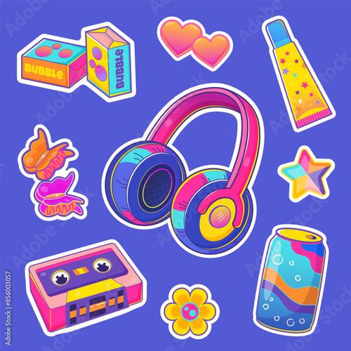 Colorful vector collection of y2k stickers. Retro 90s pop culture items like headphones, cassette tape, bubble gum, and soda can