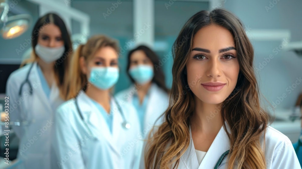 A female doctor is standing in front of other doctors wearing masks A female doctor is standing in front of other doctors wearing masks