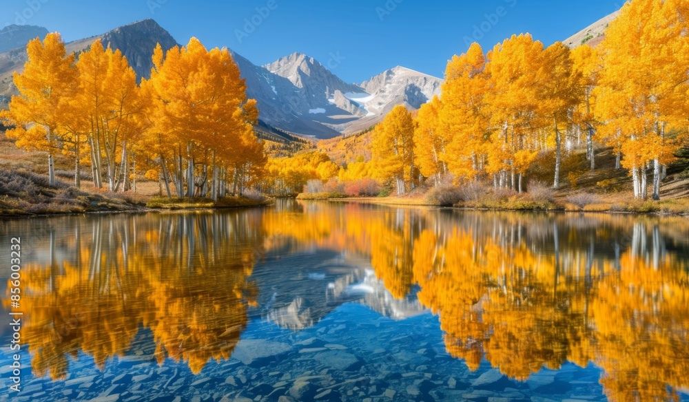 A tranquil mountain lake surrounded by golden aspen trees reflecting on the water's surface, under a crisp, clear autumn sky A tranquil mountain lake surrounded by golden aspen trees reflecting on the water's surface, under a crisp, clear autumn sky