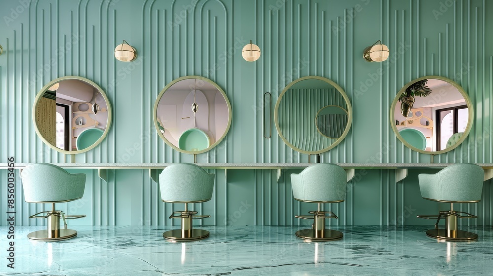 Obraz premium Retro hair salon with pastel green walls, circular mirrors, and stylish seating, isolated background, raw finish, detailed design