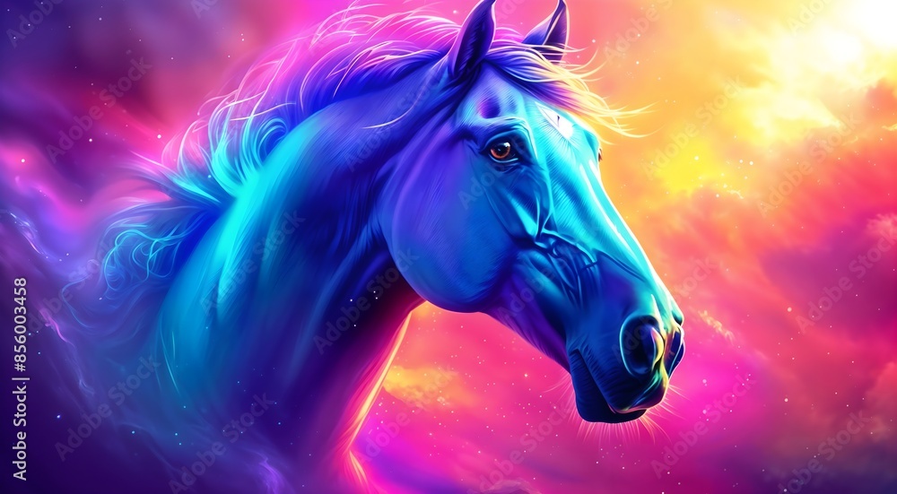  A colorful digital artwork of a horse made in bright neon and gradient colors