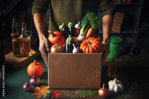 Person behind a cardboard box on a table, packing assorted vegetables including pumpkins, eggplants, garlic, and carrots with green tops. A red onion rests nearby photo