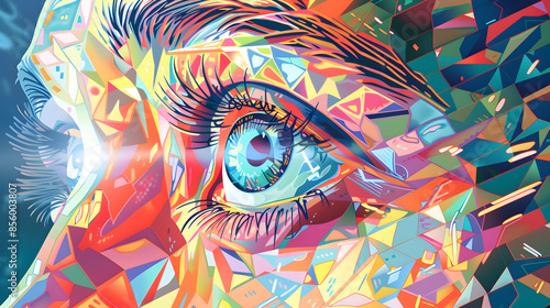 An illustration of a person with a kaleidoscope eye, with each fragment showing a different perspective on emotions, illustration.


