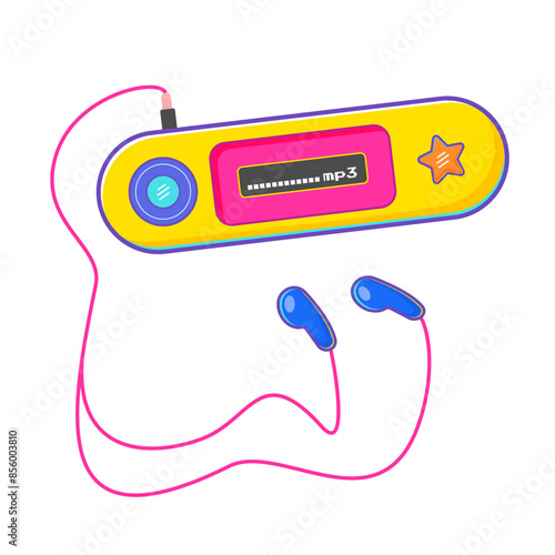 Vibrant cartoon illustration of colorful mp3 player, y2k aesthetic, perfect for retro-themed designs, music graphics, and playful decor.