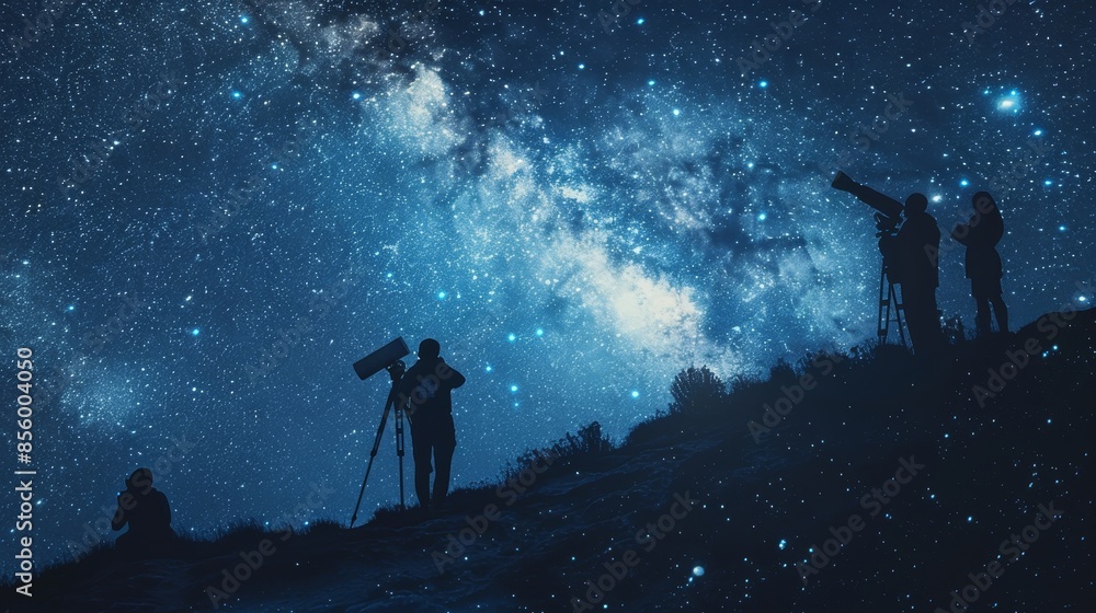Fototapeta premium Silhouettes of scientists with telescopes exploring a night starry sky, the Milky Way glowing in the darkness, atmospheric scene, raw style