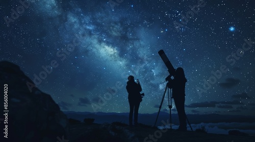 Silhouettes of astronomers with telescopes studying the starry sky, the Milky Way illuminating the dark night, ambiance scene, raw texture photo