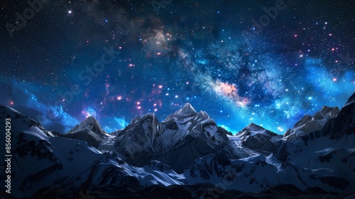 Star-filled galaxy night over rugged mountains, deep blue astronomy sky, twinkling stars creating a magical landscape, raw and vivid