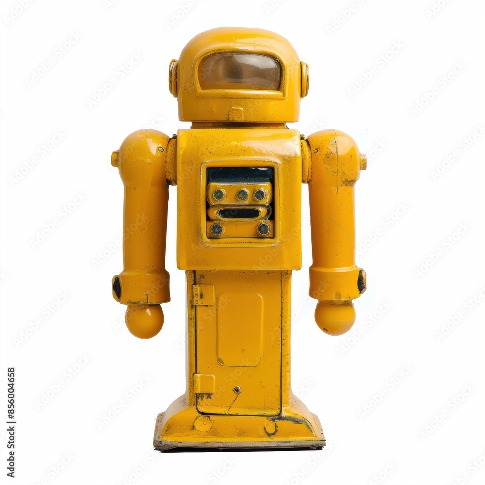 Fototapeta premium Vintage tin robot toy 1940 1950 shiny and with personality, in yellow and black with antennae 