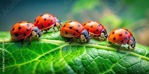 Vibrant close-up photo of a group of ladybugs on a lush green leaf, insects, red, black, spots, nature, vibrant, close-up, macro © joompon