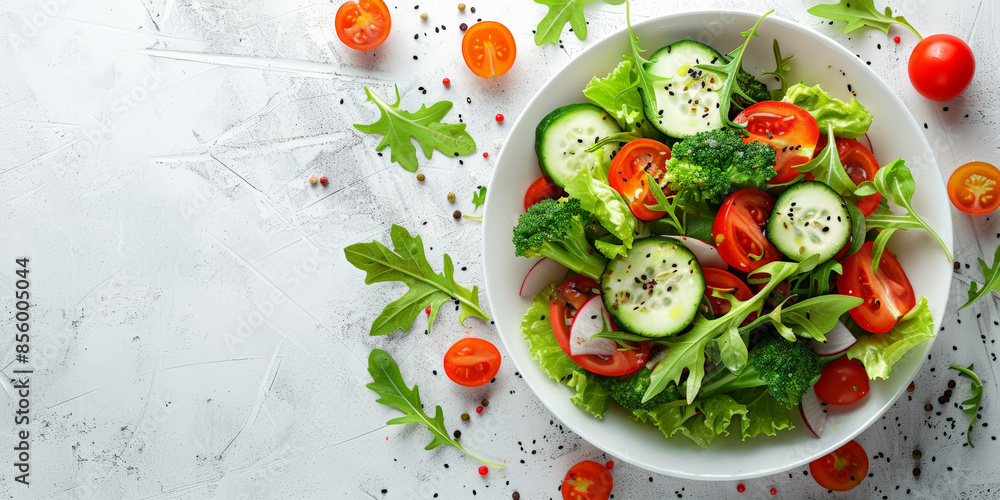 Top-down view of a vibrant, colorful salad with a variety of fresh vegetables, seeds, and dressing drizzled on top Top-down view of a vibrant, colorful salad with a variety of fresh vegetables, seeds, and dressing drizzled on top