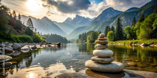 Zen stones stacked by a tranquil river with a majestic mountain in the background, zen, stones, stacked, tranquility, river photo