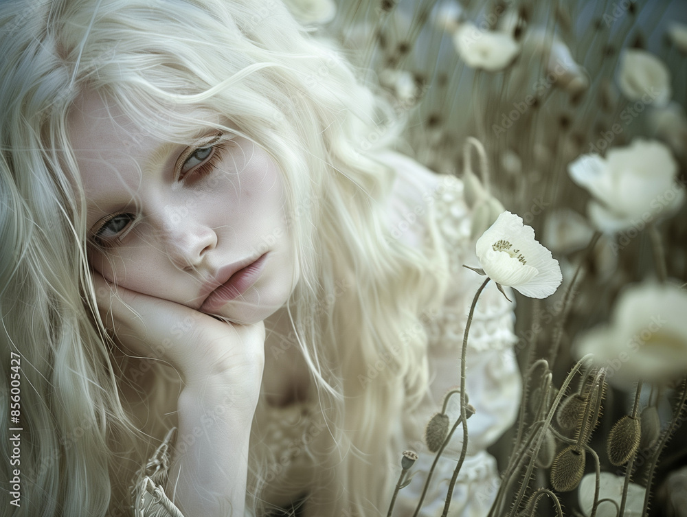 portrait of a girl laying in a field of white poppies - generative ai portrait of a girl laying in a field of white poppies - generative ai