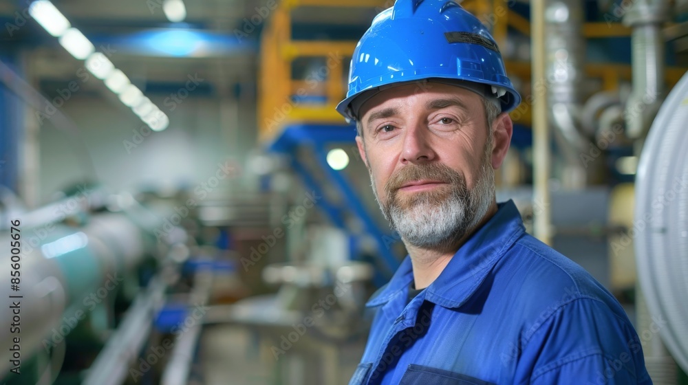 A man in a hard hat and blue overalls stands in a factory A man in a hard hat and blue overalls stands in a factory