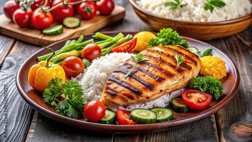 Grilled chicken served with fluffy rice and a colorful assortment of vegetables, grilled chicken, rice, vegetables, healthy