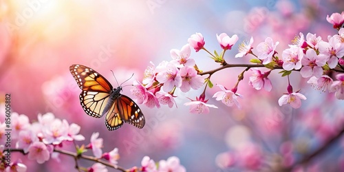 Butterfly gracefully flying over pink cherry blossom in peaceful springtime setting, butterfly, pink, cherry blossom © joompon