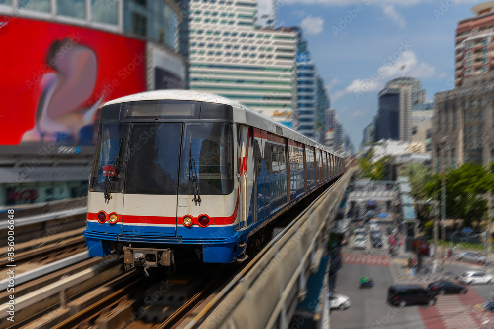 BKK BTS Bangkok Mass Transit System Sky train which is an elevated tram over the busy streets oh BKK Thailand BKK BTS Bangkok Mass Transit System Sky train which is an elevated tram over the busy streets oh BKK Thailand