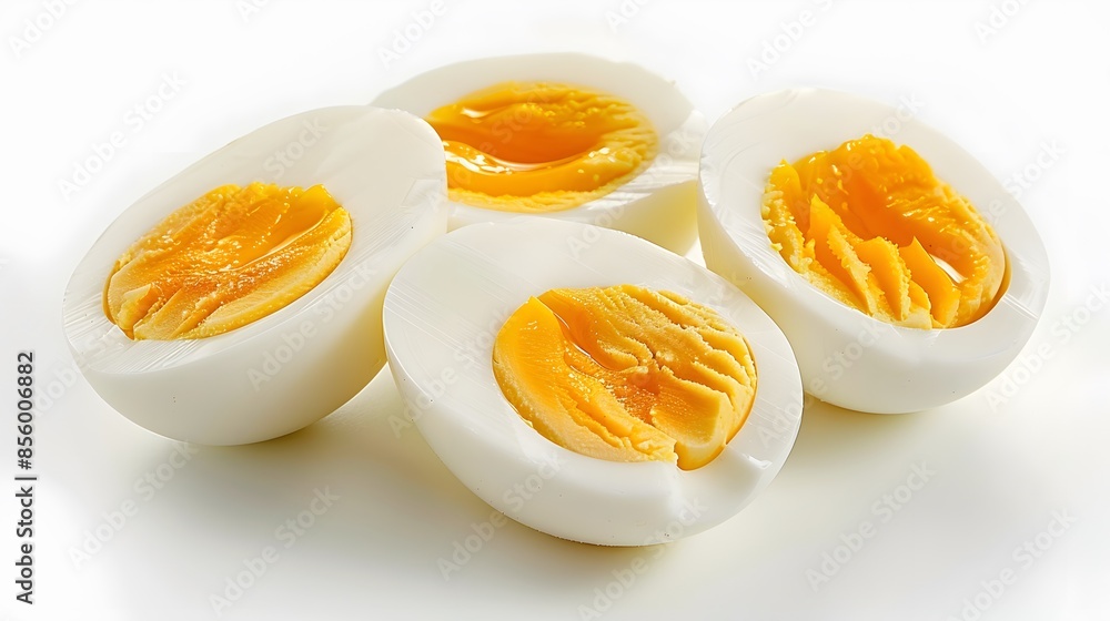 A photo of several hardboiled eggs, cut in half and placed on white background. The egg yolk is visible inside the shell. A photo of several hardboiled eggs, cut in half and placed on white background. The egg yolk is visible inside the shell.