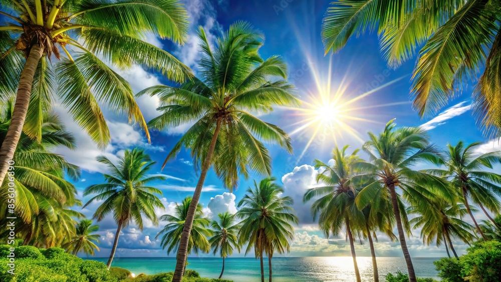 Tropical paradise with palm trees and sun shining brightly , palm trees, sun, tropical, exotic, beach, vacation, sunny