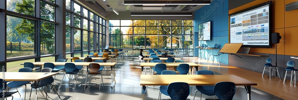 A modern and inviting classroom or study space featuring interactive panels and AI assistants, designed to enhance the learning experience for students. Generative AI A modern and inviting classroom or study space featuring interactive panels and AI assistants, designed to enhance the learning experience for students. Generative AI