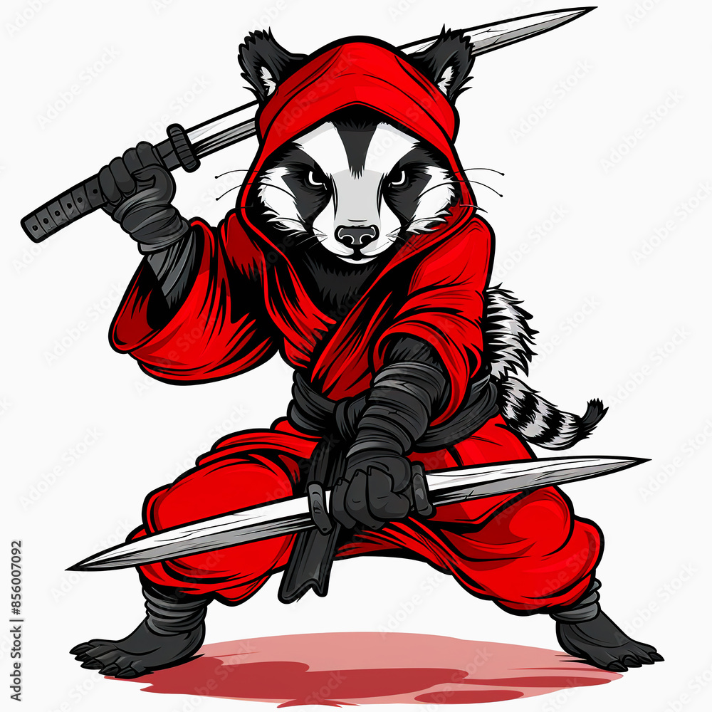Fototapeta premium Cute Badger assassin cartoon on white background. Chibi Badger ninja cartoon