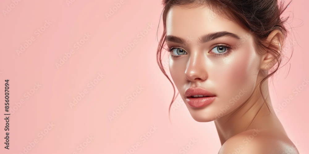 Headshot portrait photo of beautiful young female model looking girl with perfect glowing skin on light pink background for skicare and cosmetics advertising campaign Headshot portrait photo of beautiful young female model looking girl with perfect glowing skin on light pink background for skicare and cosmetics advertising campaign