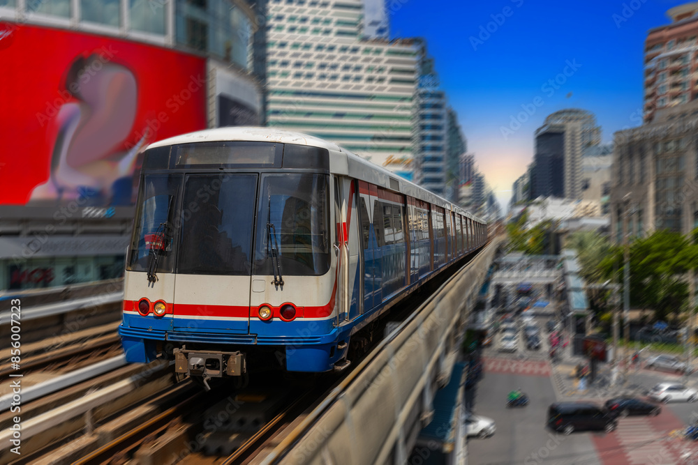 BKK BTS Bangkok Mass Transit System Sky train which is an elevated tram over the busy streets oh BKK Thailand BKK BTS Bangkok Mass Transit System Sky train which is an elevated tram over the busy streets oh BKK Thailand