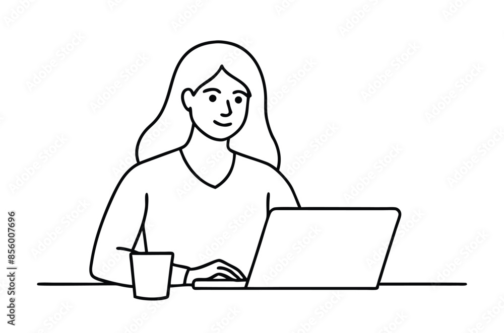 Woman using laptop computer, Vector drawing of woman with laptop continuous line art