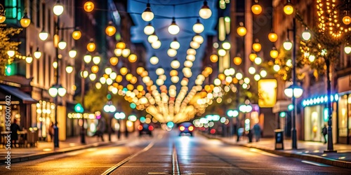 Bustling street at night with bokeh lights, urban, cityscape, nightlife, lively, busy