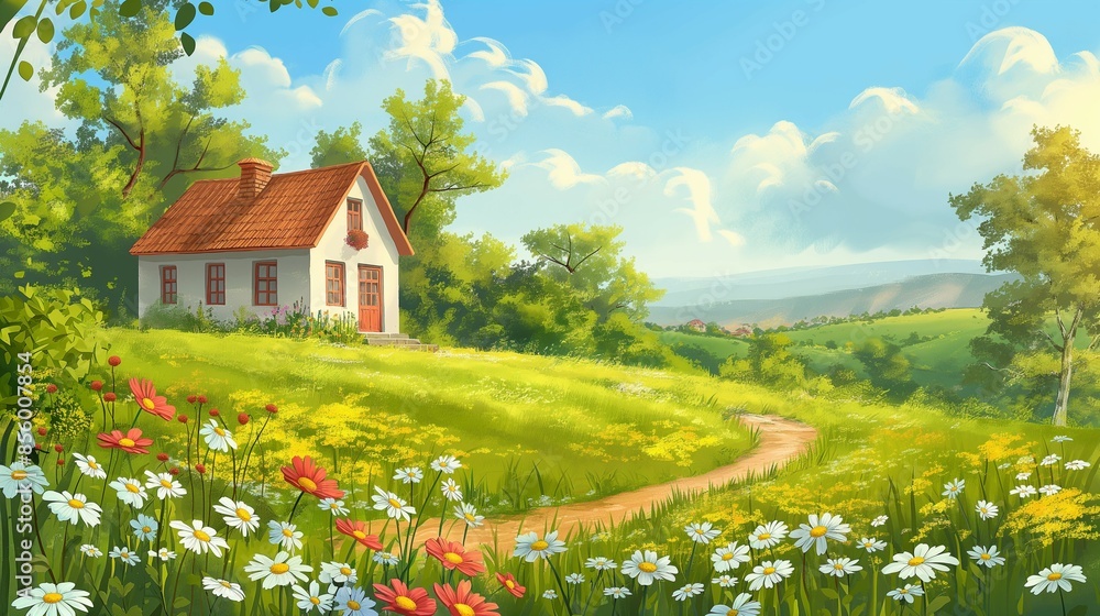 Cabin house on green meadow, vector illustration Cabin house on green meadow, vector illustration