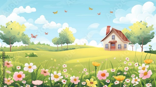 Cabin house on green meadow, vector illustration