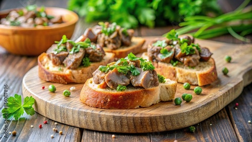 Chicken livers on toast bread topped with fresh herbs, chicken livers, toast, bread, herbs, food, appetizer, snack, gourmet