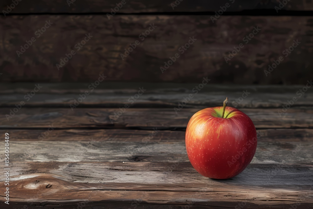 A single, perfectly ripe apple resting on a rustic wooden table. Minimalist design, photorealistic aesthetic. High-resolution photo background. A single, perfectly ripe apple resting on a rustic wooden table. Minimalist design, photorealistic aesthetic. High-resolution photo background.