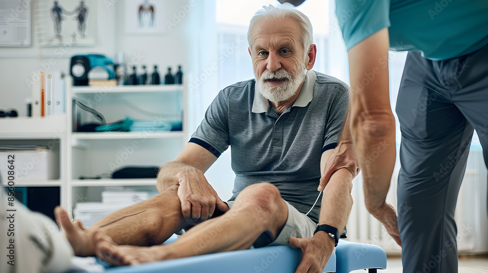 Fototapeta premium Physiotherapy, senior man and stretching for knee health, medical and consultant with injury support. Consultation, chiropractor and physical therapy with rehabilitation and care in doctor office
