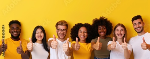 A group of people are giving thumbs up to each other. The thumbs are of different colors, indicating that the people are of different races. Free copy space for text.
