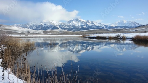 A peaceful lake surrounded by snow-covered mountains and reflected in the still waters. 