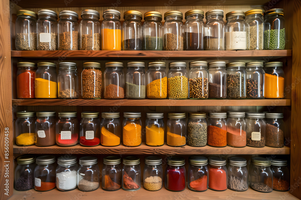 A spice cabinet, featuring neatly arranged glass jars filled with a variety of colorful spices, each labeled and organized on wooden shelves A spice cabinet, featuring neatly arranged glass jars filled with a variety of colorful spices, each labeled and organized on wooden shelves
