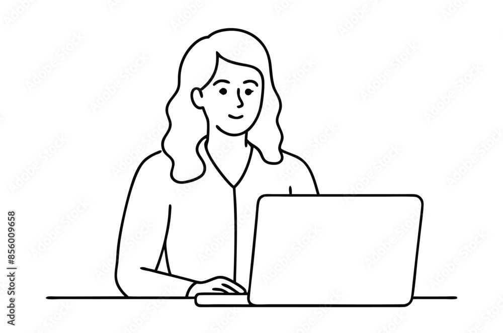 Woman using laptop computer, Vector drawing of woman with laptop continuous line art Woman using laptop computer, Vector drawing of woman with laptop continuous line art