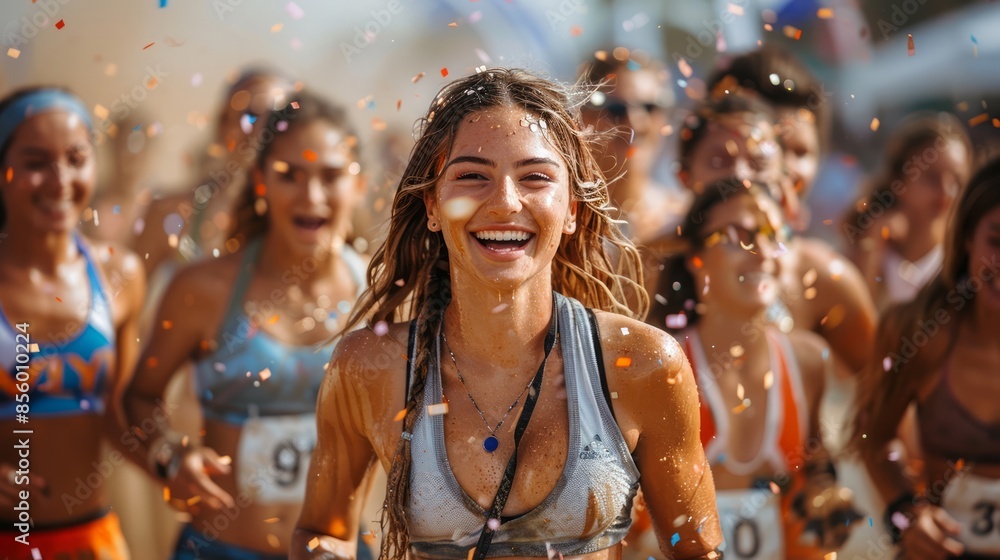 With confetti raining down, the running team jumped in unison, their ecstatic expressions capturing the joy of their well-deserved success. With confetti raining down, the running team jumped in unison, their ecstatic expressions capturing the joy of their well-deserved success.