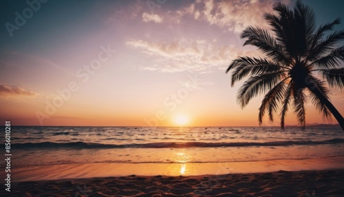 beach with palm tree at sunset background. Generative ai