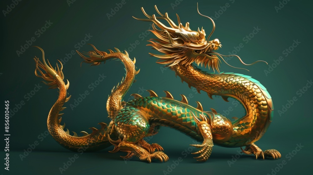Fototapeta premium Golden and Green Dragon Statue, Generative AI