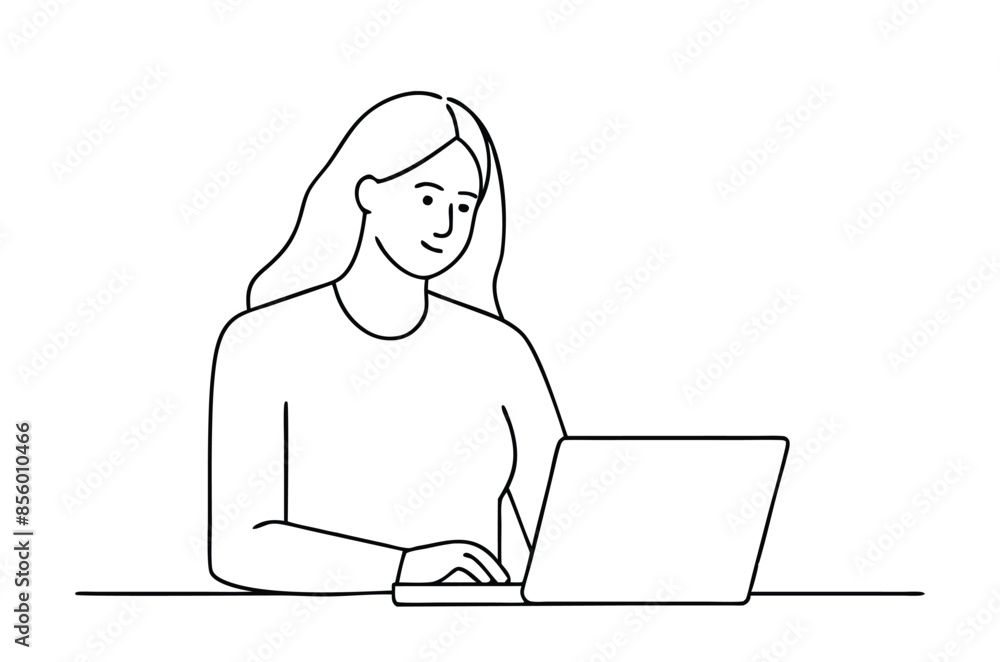 Woman using laptop computer, Vector drawing of woman with laptop continuous line art Woman using laptop computer, Vector drawing of woman with laptop continuous line art
