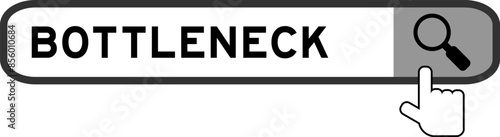 Search banner in word bottleneck with hand over magnifier icon on white background