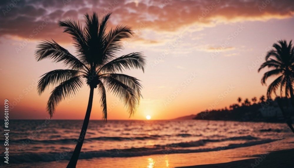 beach with palm tree at sunset background. Generative ai beach with palm tree at sunset background. Generative ai