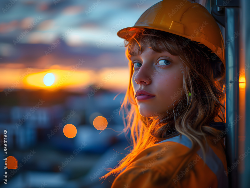 Construction site engineer reviewing plans at sunset Construction site engineer reviewing plans at sunset