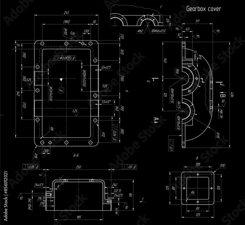 Assembly drawing of reducer cover.
Vector drawing of steel mechanical detail with
 bolted connection and dimension lines.
Engineering cad scheme. Technical template.  Cross section.   