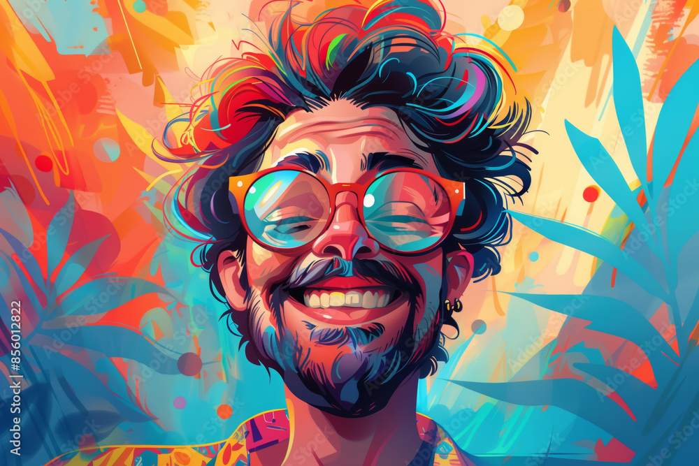 A colorful illustration of a man with dark hair, a beard, and sunglasses smiling brightly. The background features a tropical setting with vibrant colors and abstract shapes A colorful illustration of a man with dark hair, a beard, and sunglasses smiling brightly. The background features a tropical setting with vibrant colors and abstract shapes
