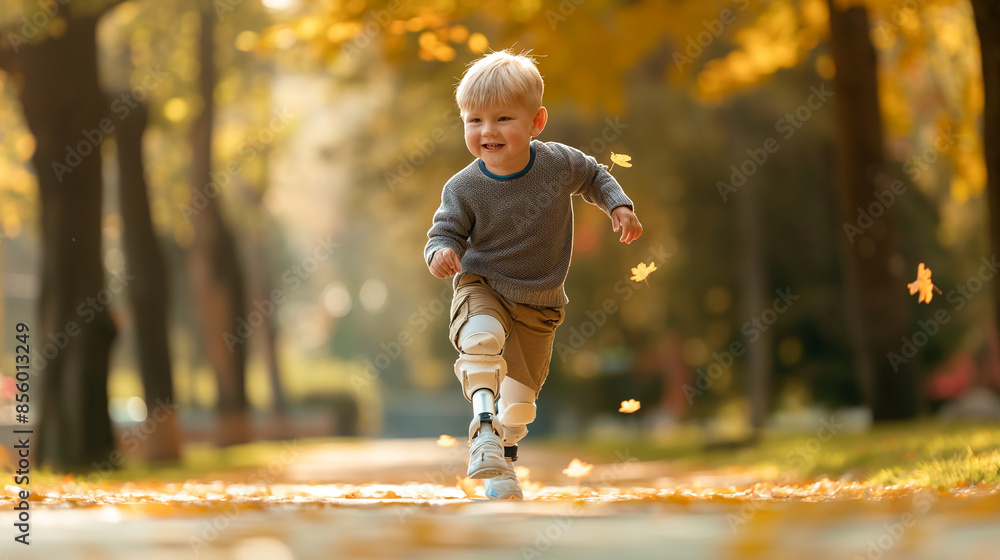 A disabled boy wearing a prosthetic leg is playing in the park. A disabled boy wearing a prosthetic leg is playing in the park.