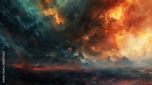 Abstract Nebula Landscape with Fiery Sky and Volcanic Sea